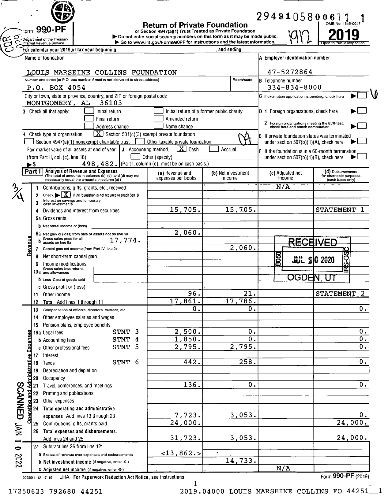 Image of first page of 2019 Form 990PF for Louis Marseine Collins Foundation