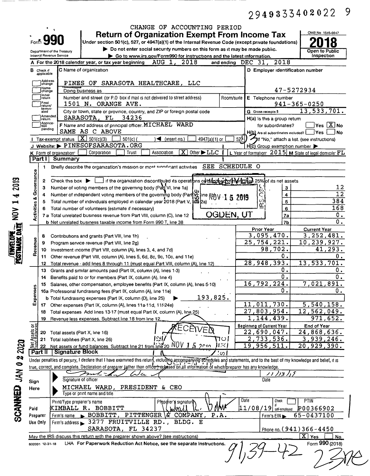 Image of first page of 2018 Form 990 for Pines of Sarasota Healthcare LLC