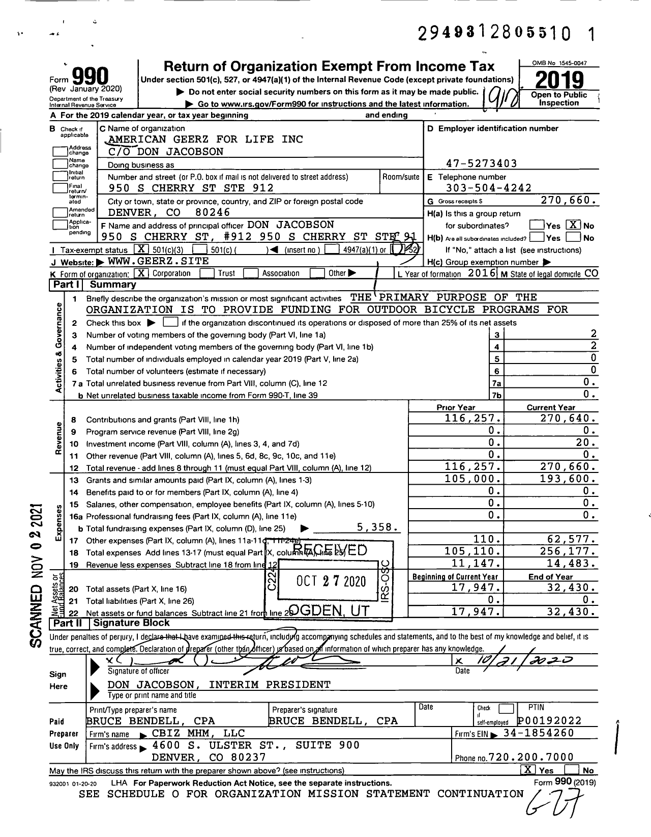 Image of first page of 2019 Form 990 for American Geerz for Life