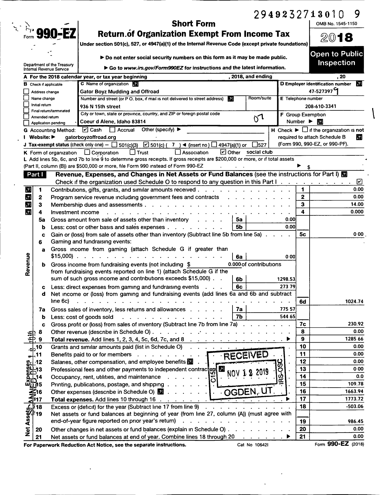 Image of first page of 2018 Form 990EO for Gator Boyz Mudding and Offroad