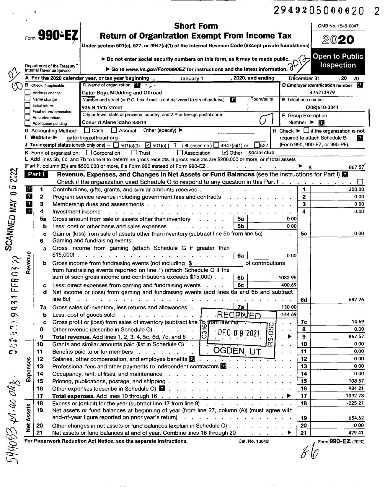 Image of first page of 2020 Form 990EO for Gator Boyz Mudding and Offroad