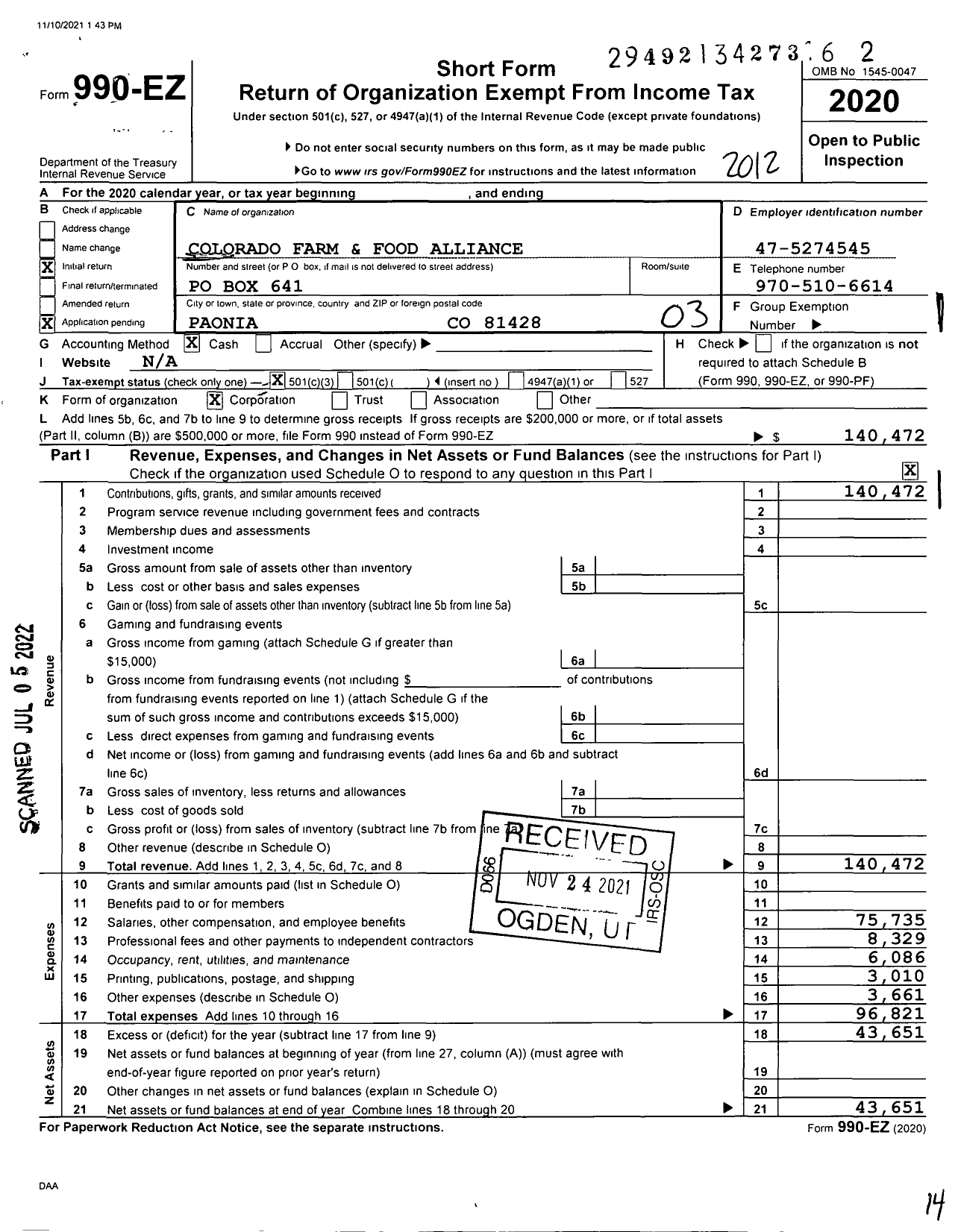 Image of first page of 2020 Form 990EZ for Colorado Farm and Food Alliance