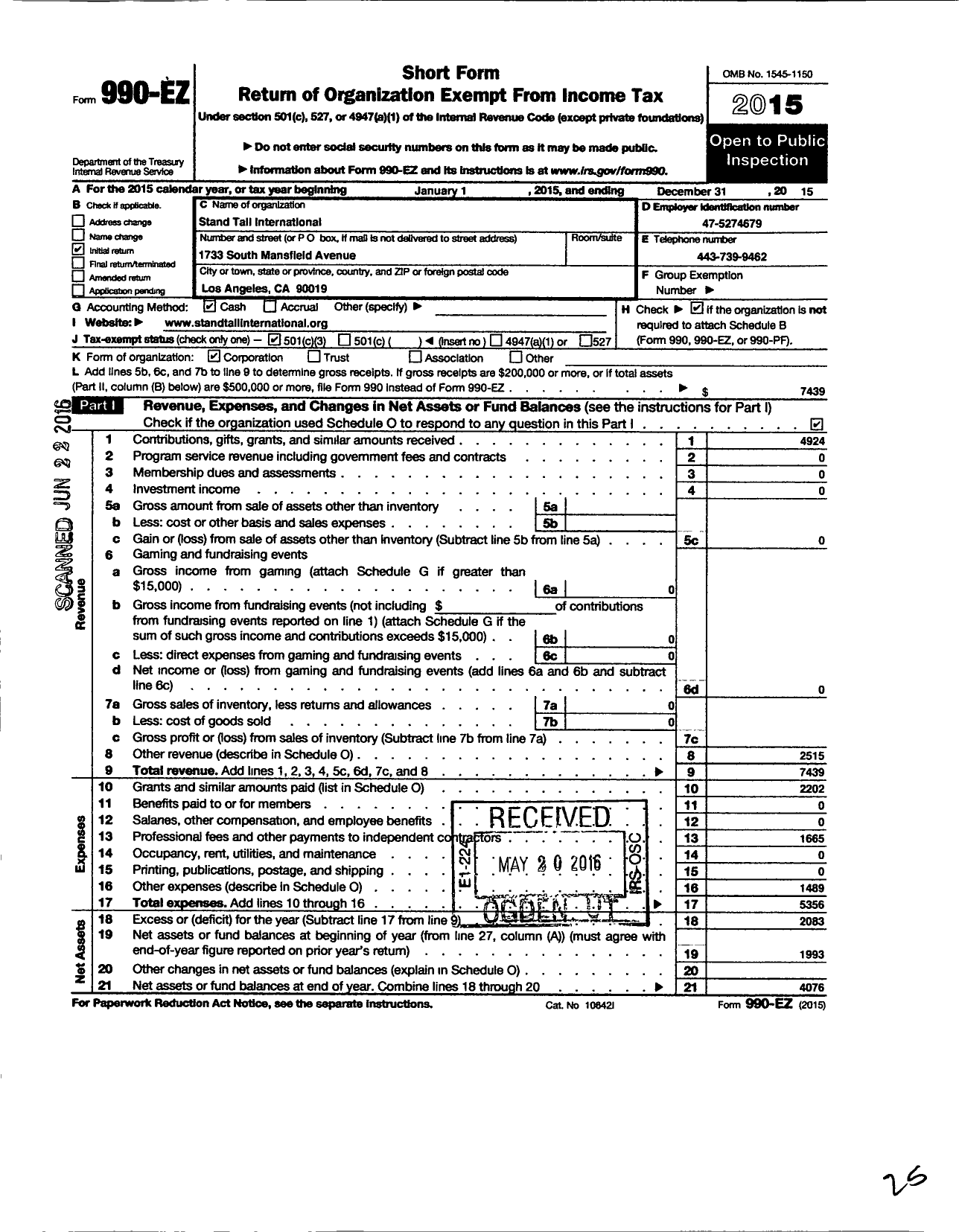 Image of first page of 2015 Form 990EZ for Stand Tall International