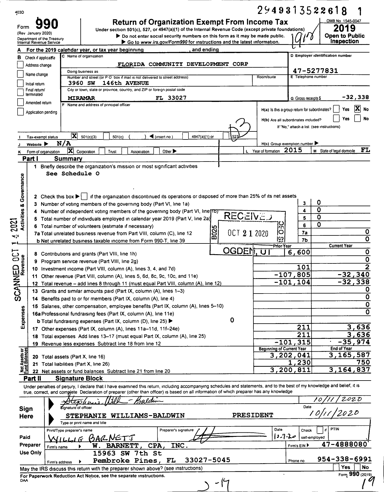 Image of first page of 2019 Form 990 for Florida Community Development Corporation