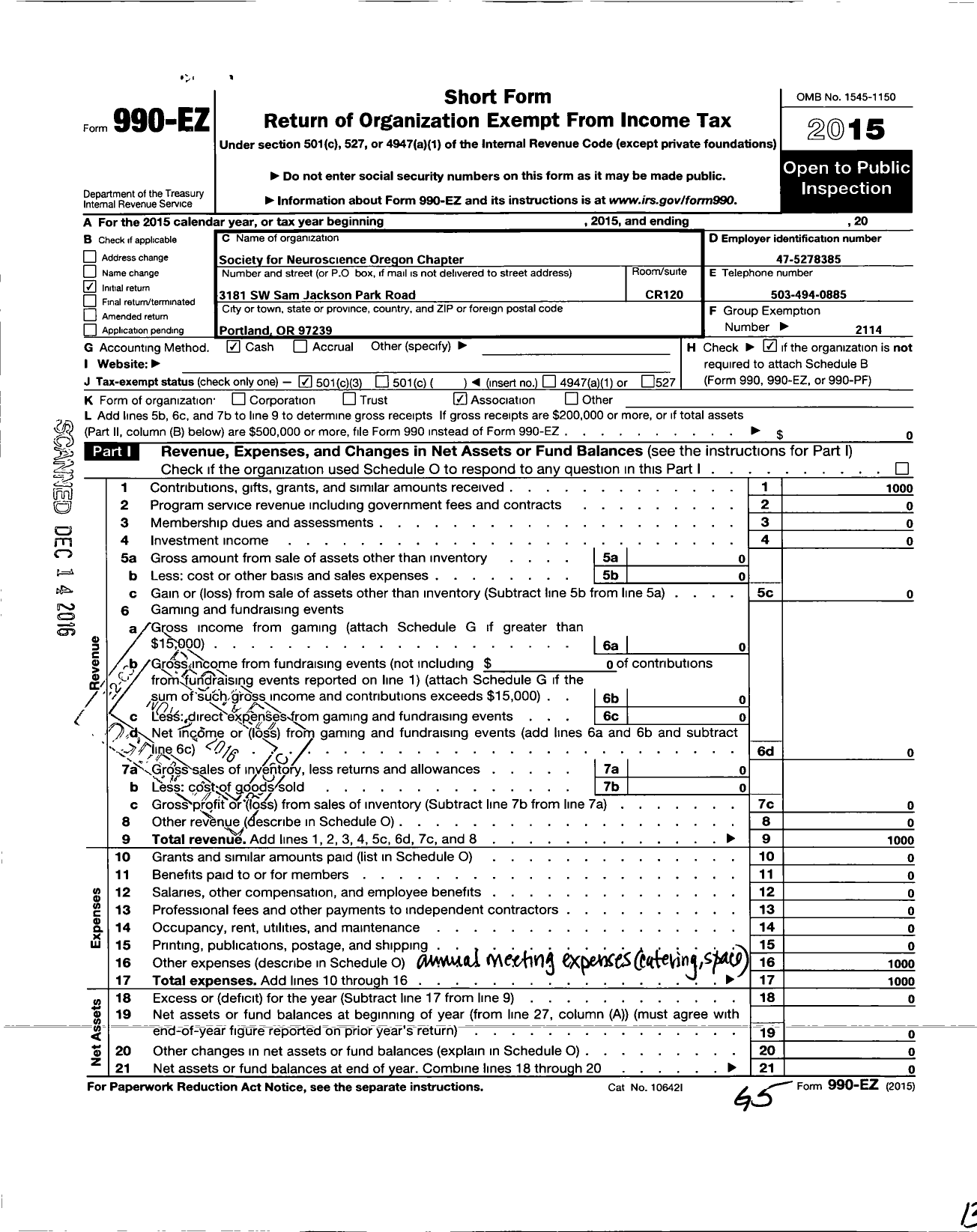 Image of first page of 2015 Form 990EZ for Society for Neuroscience Oregon Chapter