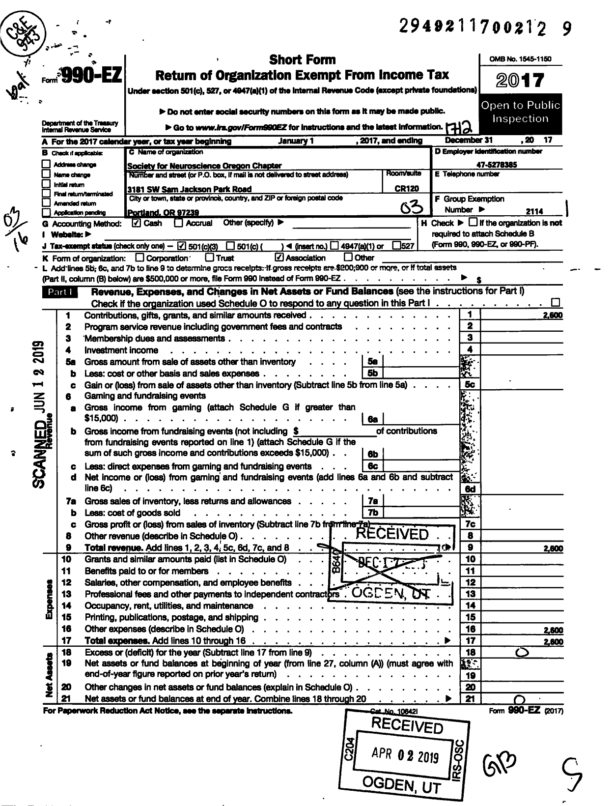 Image of first page of 2017 Form 990EZ for Society for Neuroscience Oregon Chapter