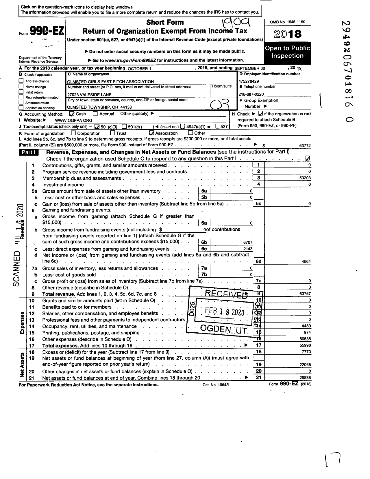 Image of first page of 2018 Form 990EZ for Olmsted Girls Fast Pitch Association