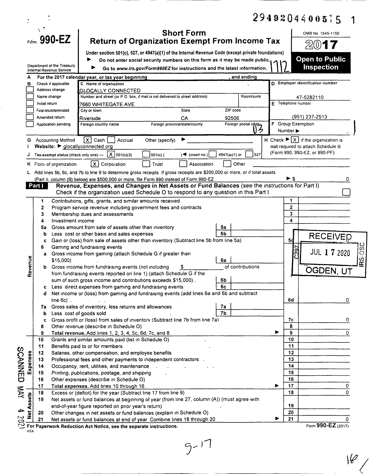 Image of first page of 2017 Form 990EZ for Human Migration Institute