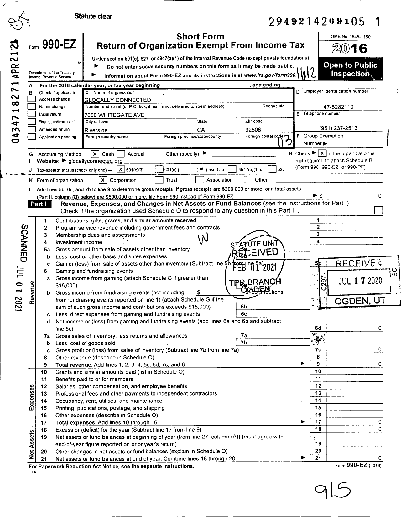 Image of first page of 2016 Form 990EZ for Human Migration Institute