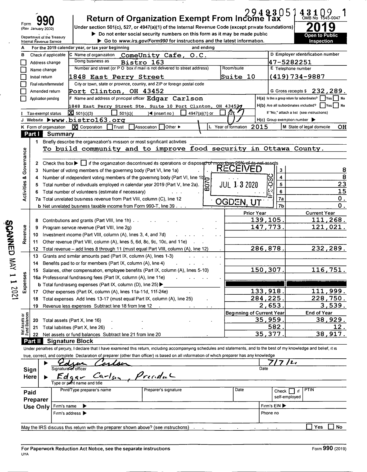 Image of first page of 2019 Form 990 for ComeUnity Cafe OC Bistro 163