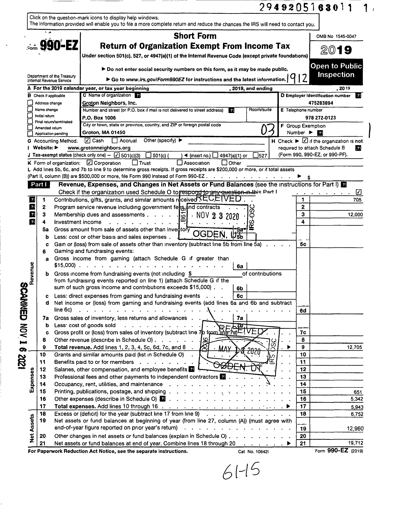 Image of first page of 2019 Form 990EZ for Groton Neighbors