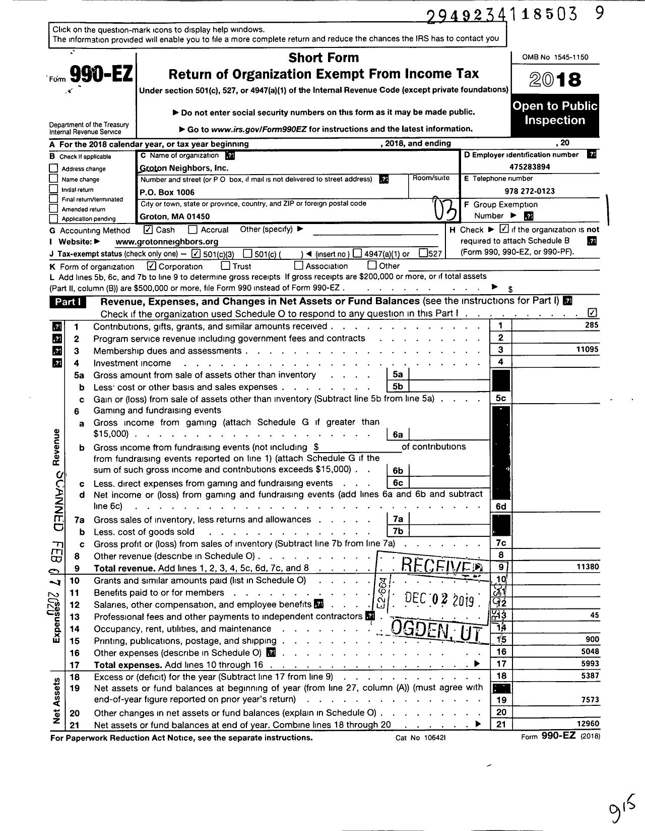 Image of first page of 2018 Form 990EZ for Groton Neighbors