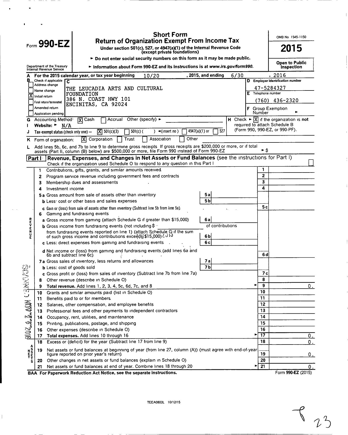 Image of first page of 2015 Form 990EZ for Leucadia Arts and Cultural Foundation