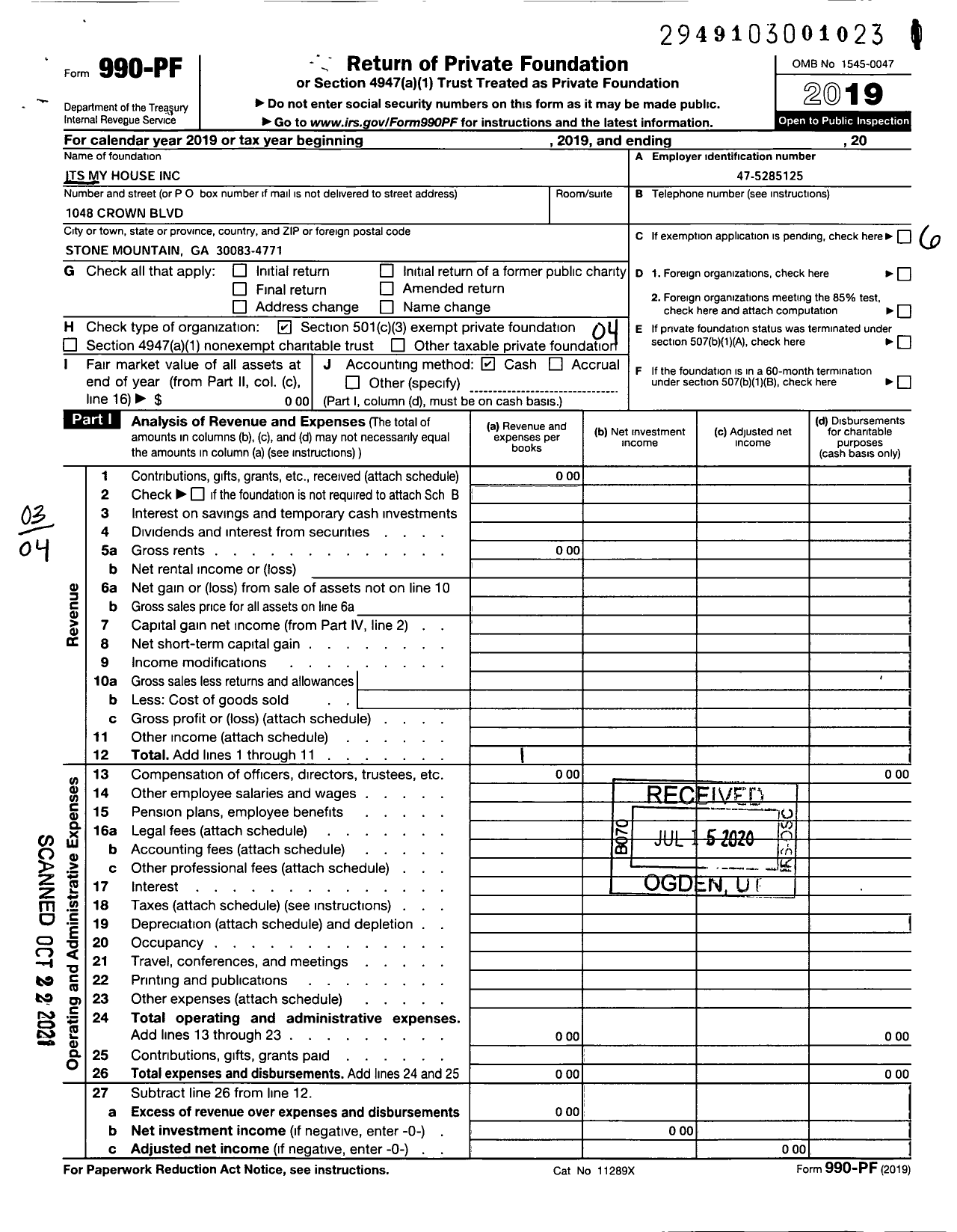 Image of first page of 2019 Form 990PF for Its My House