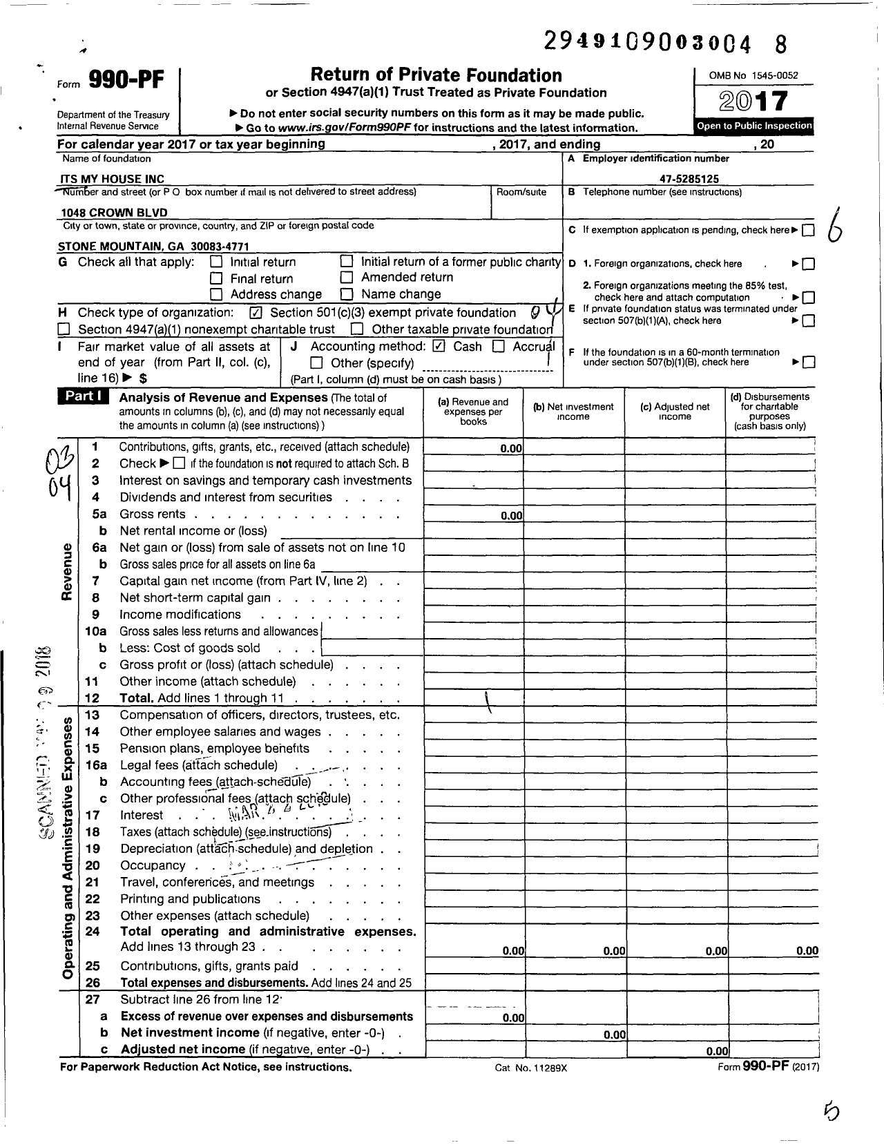 Image of first page of 2017 Form 990PF for Its My House