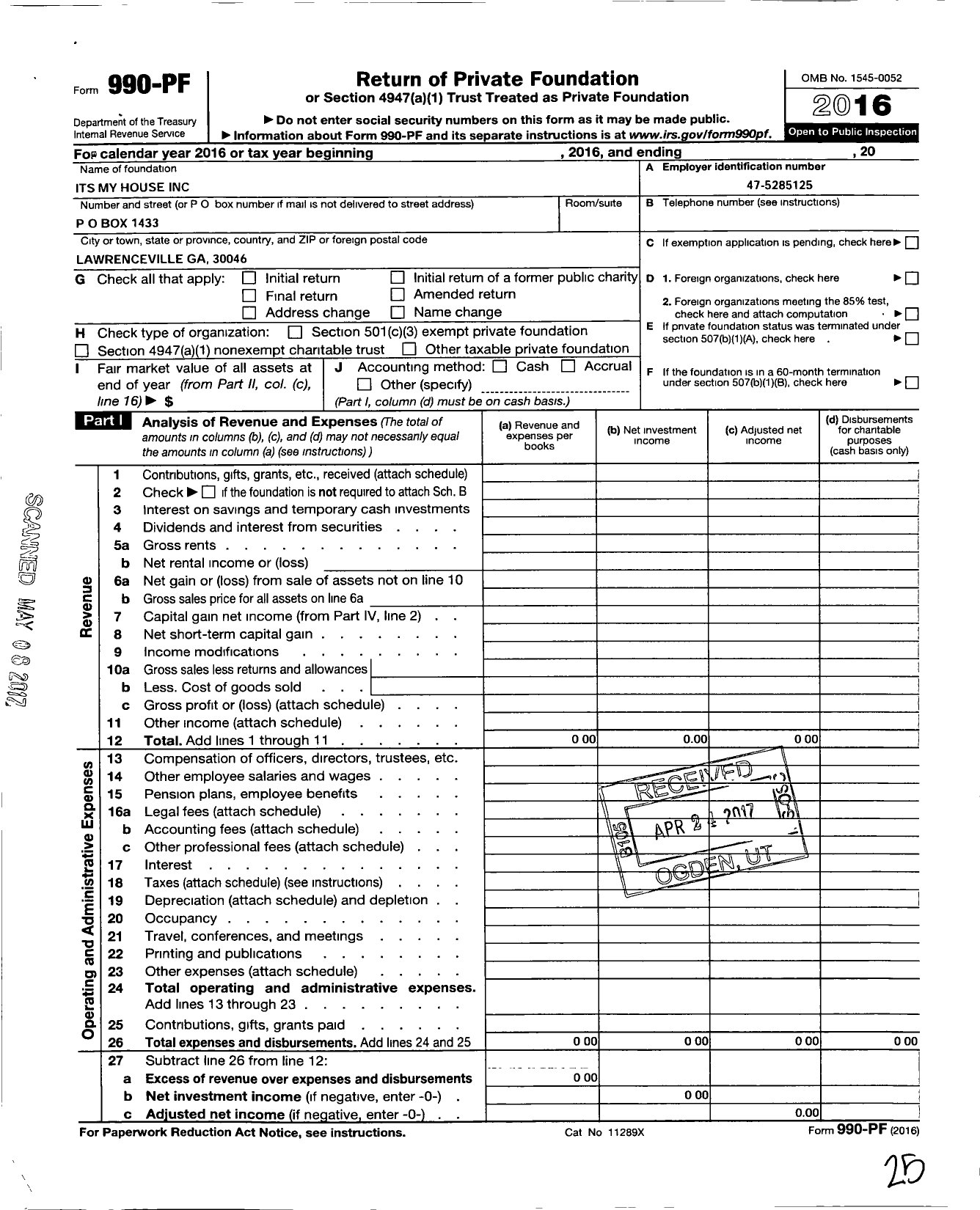 Image of first page of 2016 Form 990PF for Its My House