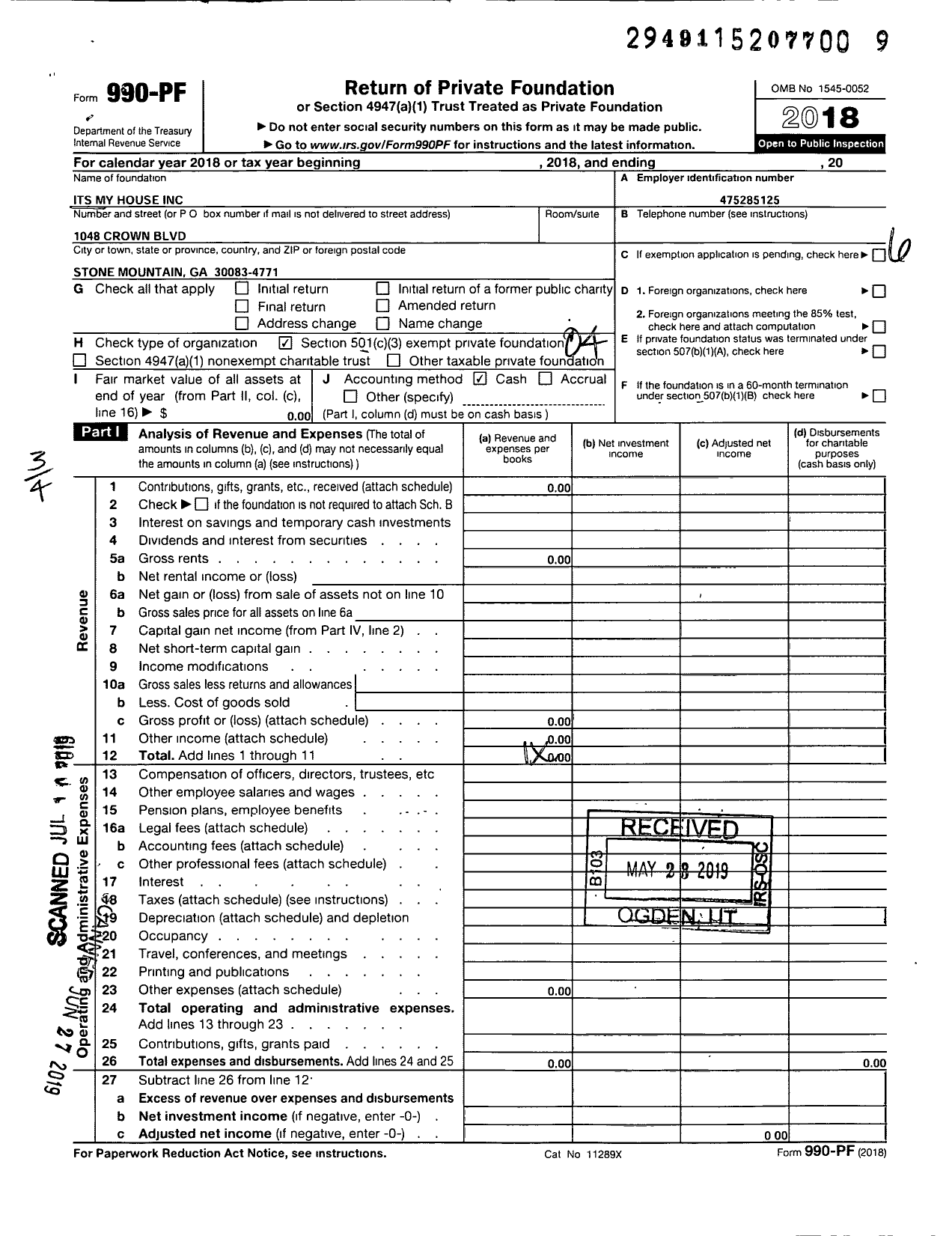 Image of first page of 2018 Form 990PF for Its My House