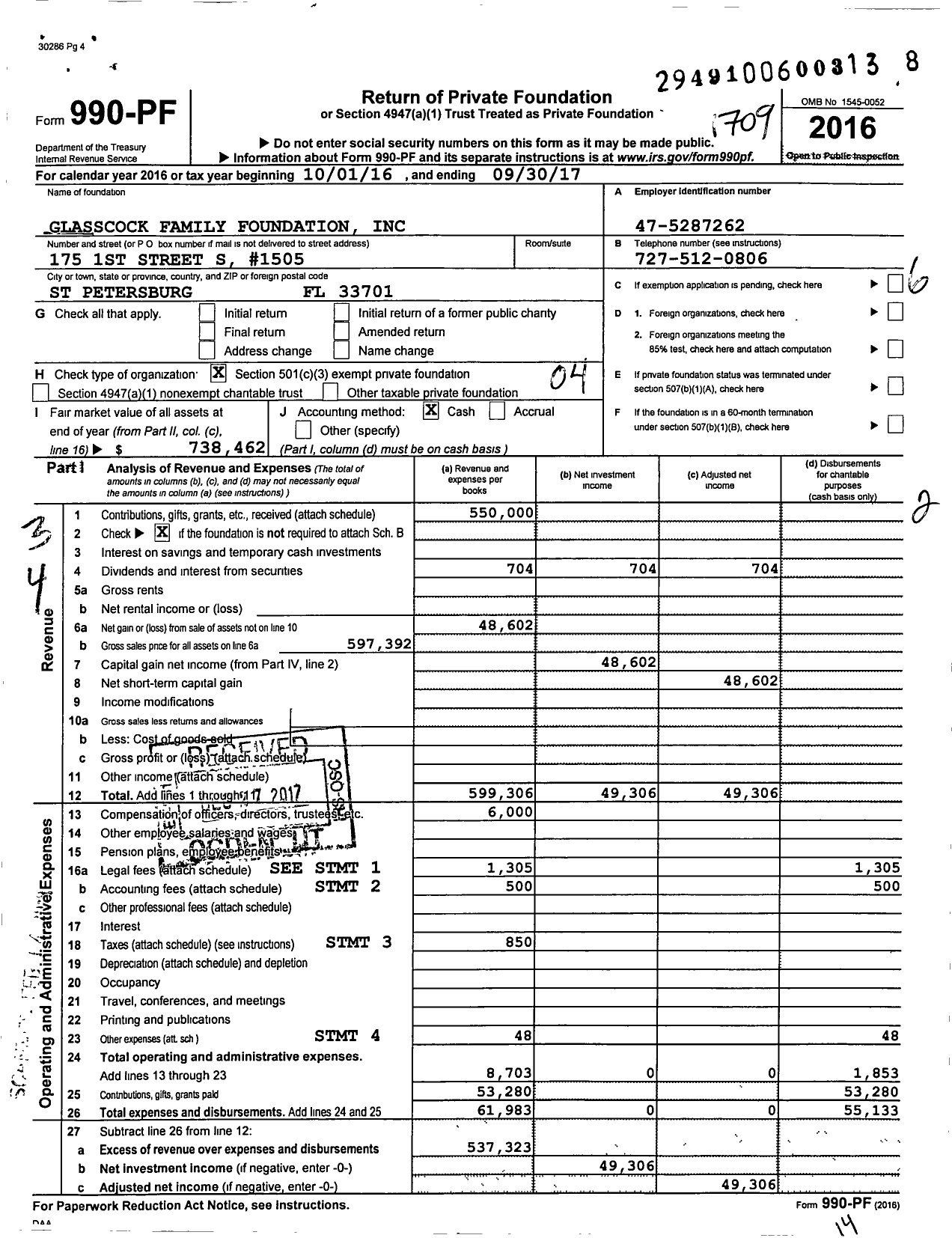 Image of first page of 2016 Form 990PF for Glasscock Family Foundation