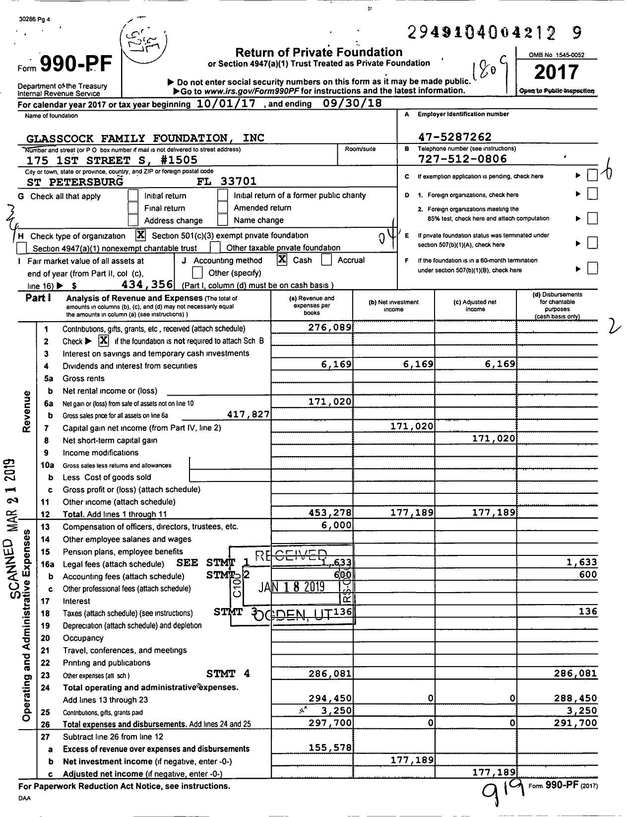 Image of first page of 2017 Form 990PF for Glasscock Family Foundation