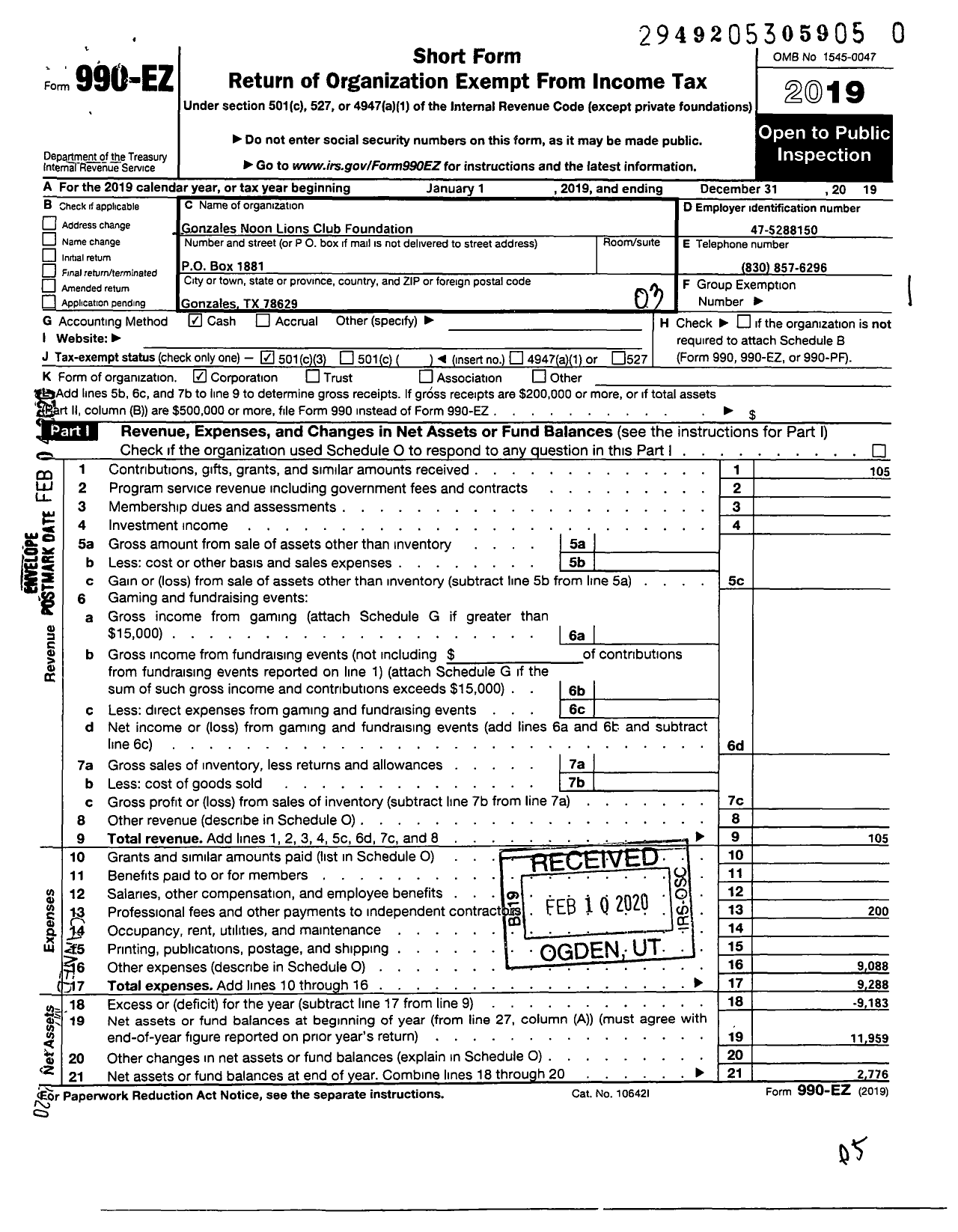 Image of first page of 2019 Form 990EZ for Gonzales Noon Lions Club Foundation