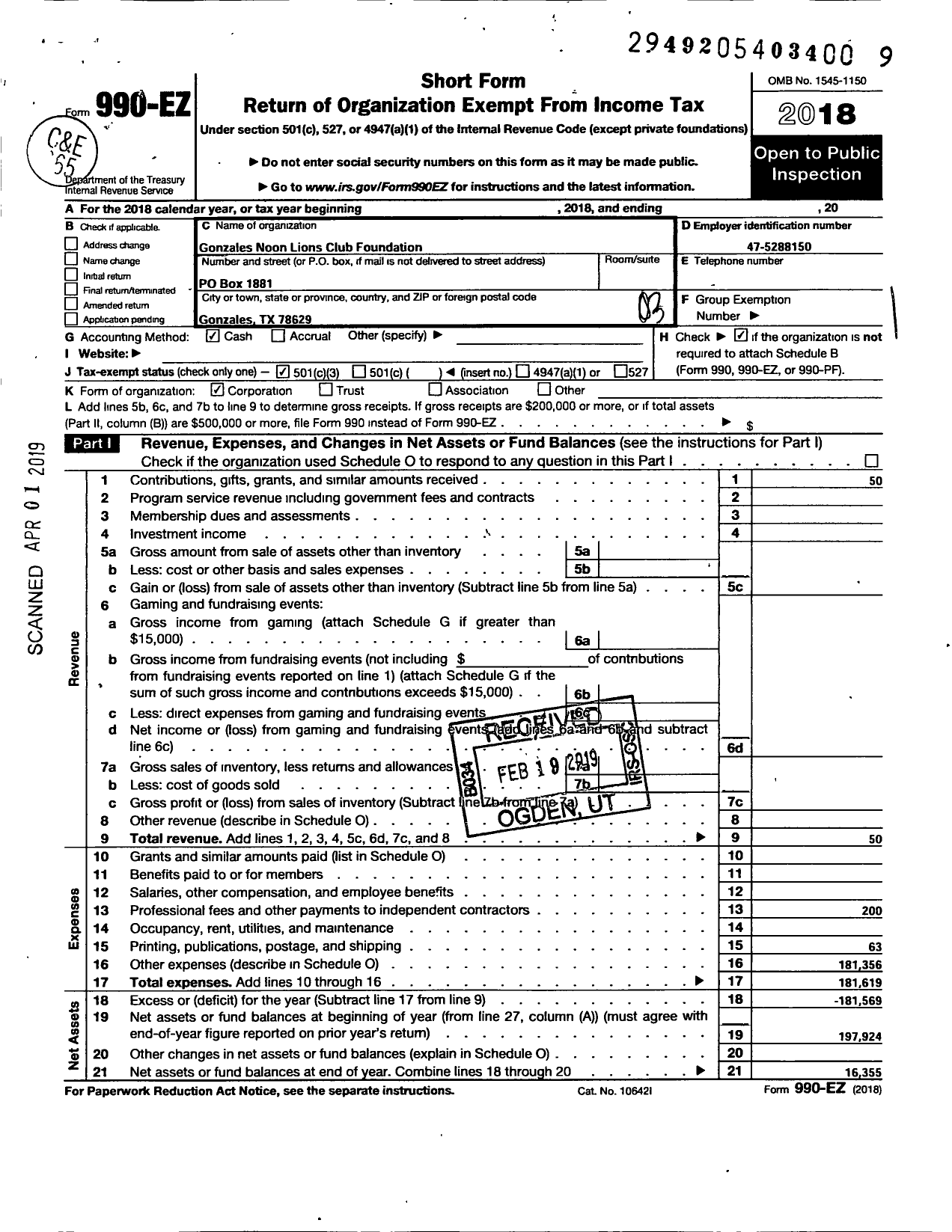 Image of first page of 2018 Form 990EZ for Gonzales Noon Lions Club Foundation