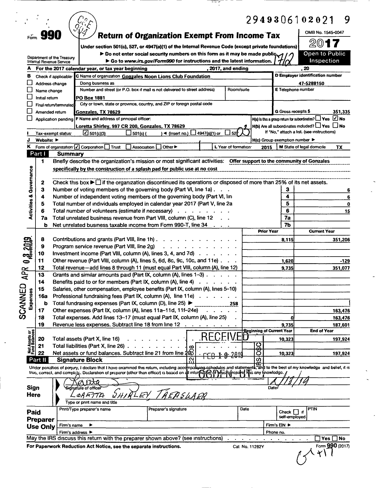 Image of first page of 2017 Form 990 for Gonzales Noon Lions Club Foundation