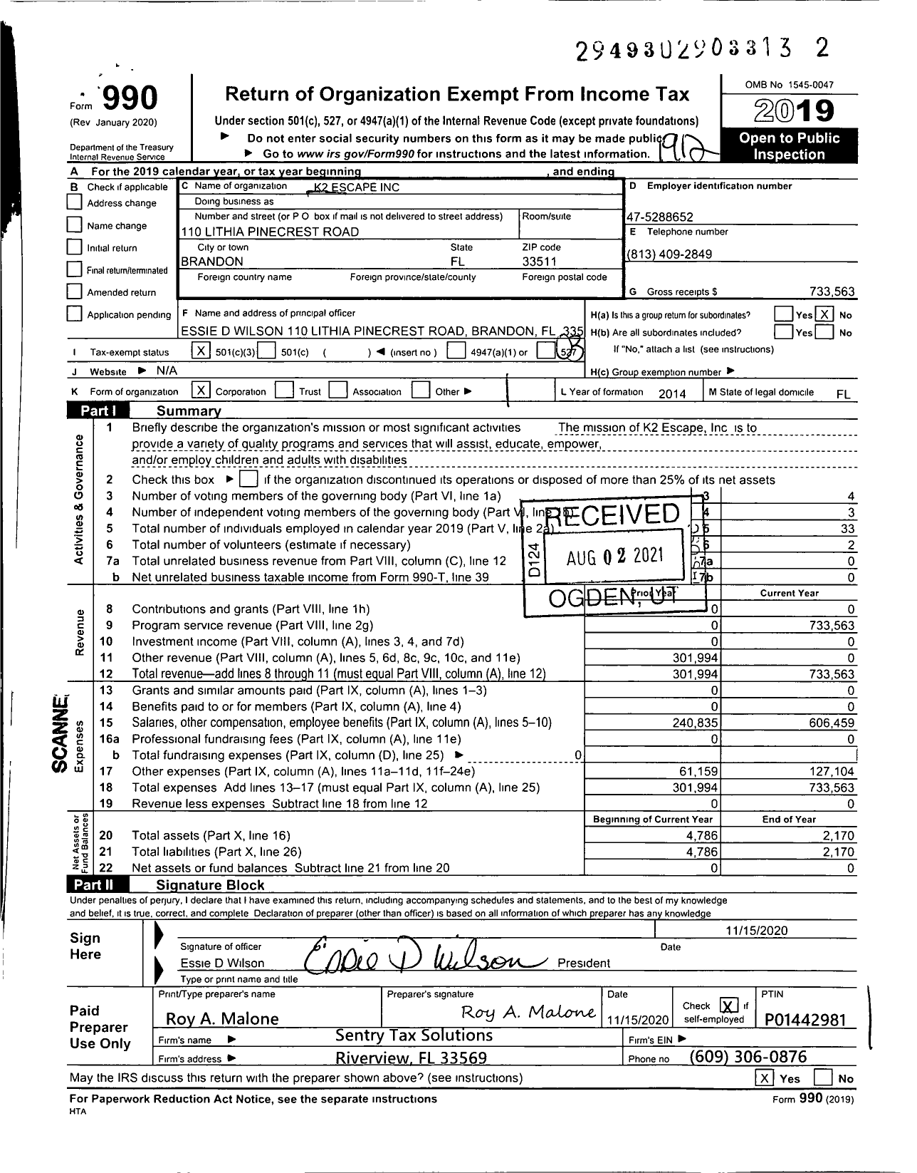 Image of first page of 2019 Form 990 for K2 Escape