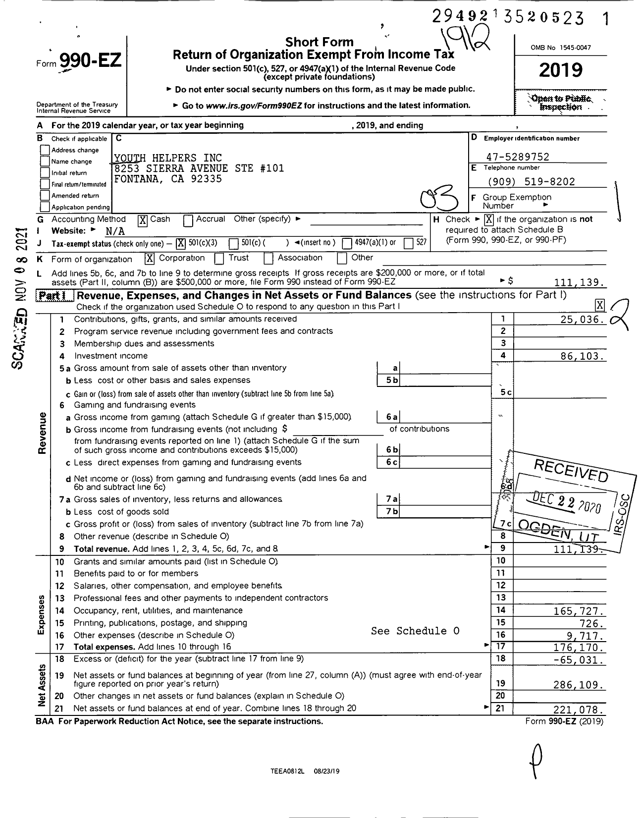 Image of first page of 2019 Form 990EZ for Youth Helpers