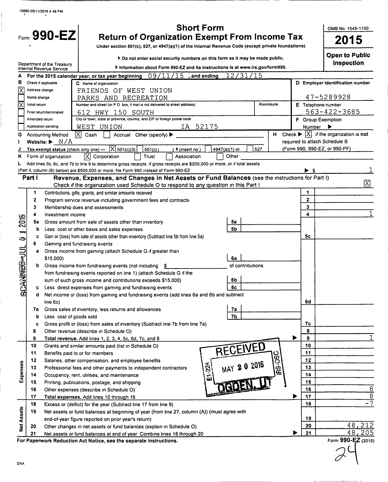 Image of first page of 2015 Form 990EZ for Friends of West Union Parks and Recreation