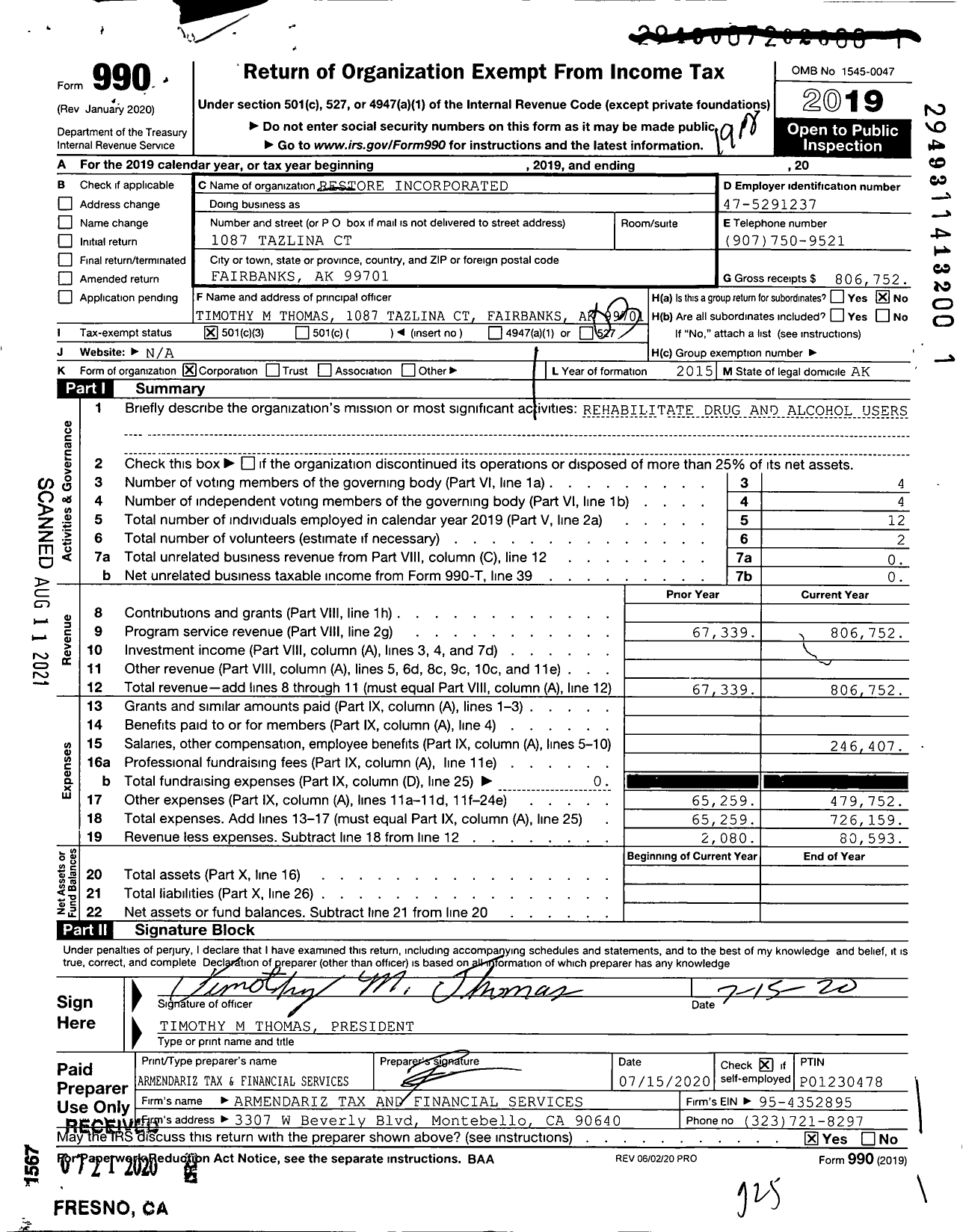 Image of first page of 2019 Form 990 for Restore Incorporated