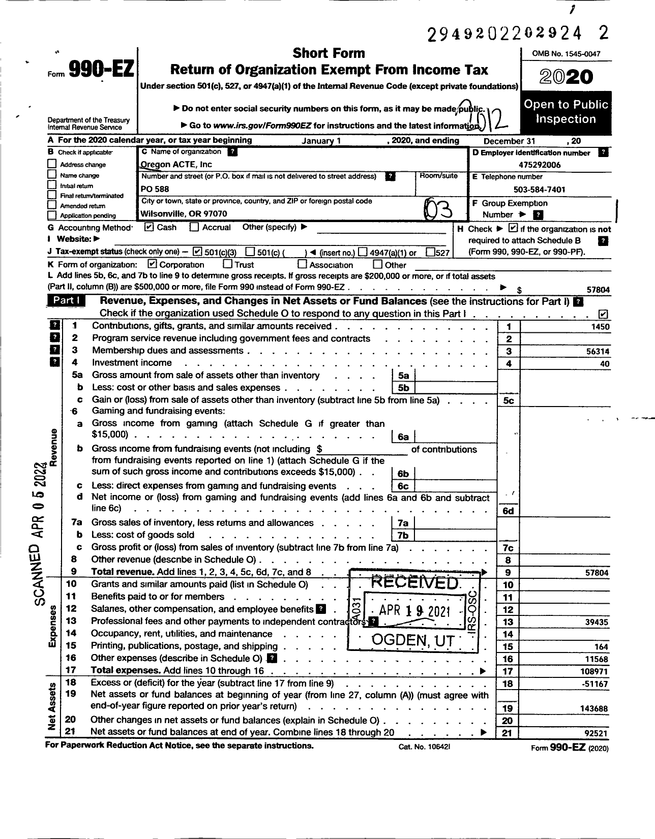 Image of first page of 2020 Form 990EZ for Oregon ACTE