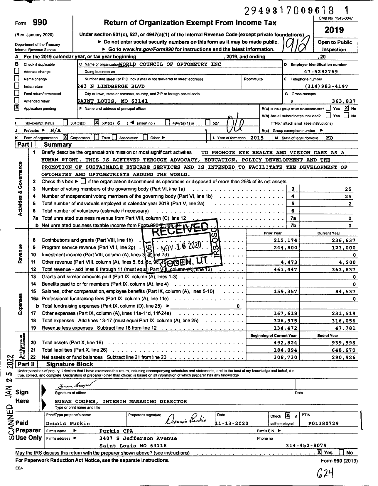 Image of first page of 2019 Form 990O for World Council of Optometry