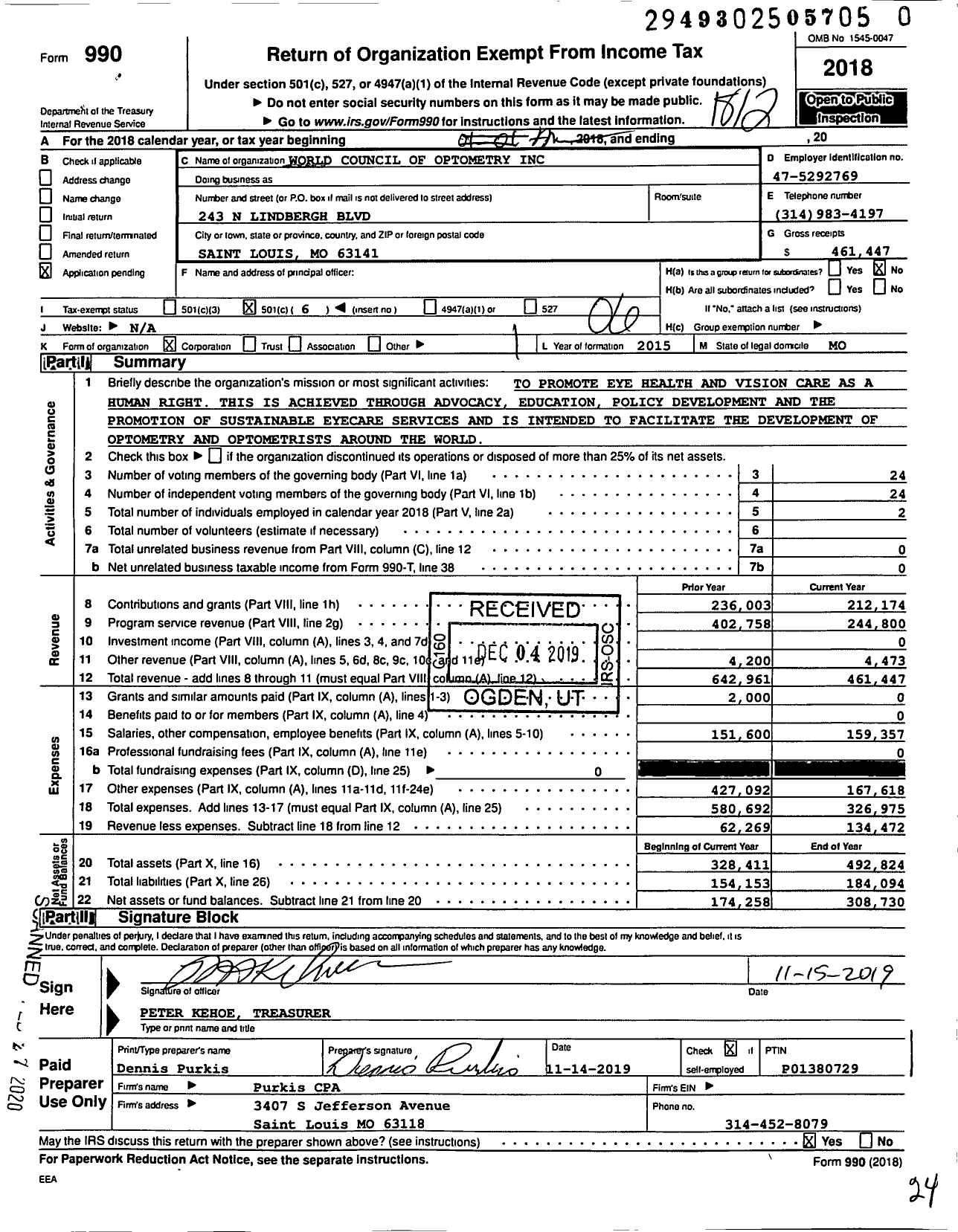 Image of first page of 2018 Form 990O for World Council of Optometry