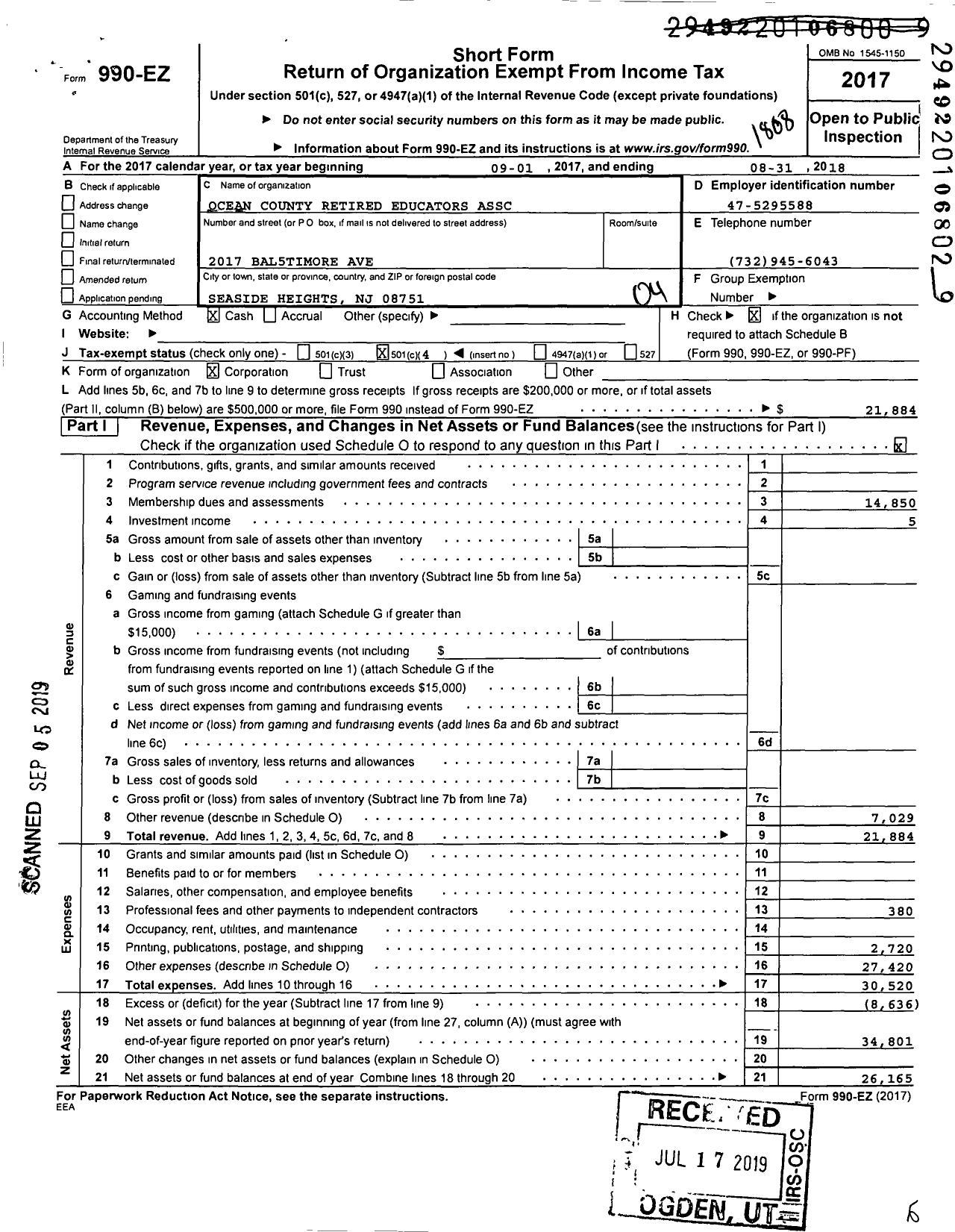 Image of first page of 2017 Form 990EO for Ocean County Retired Educators Association