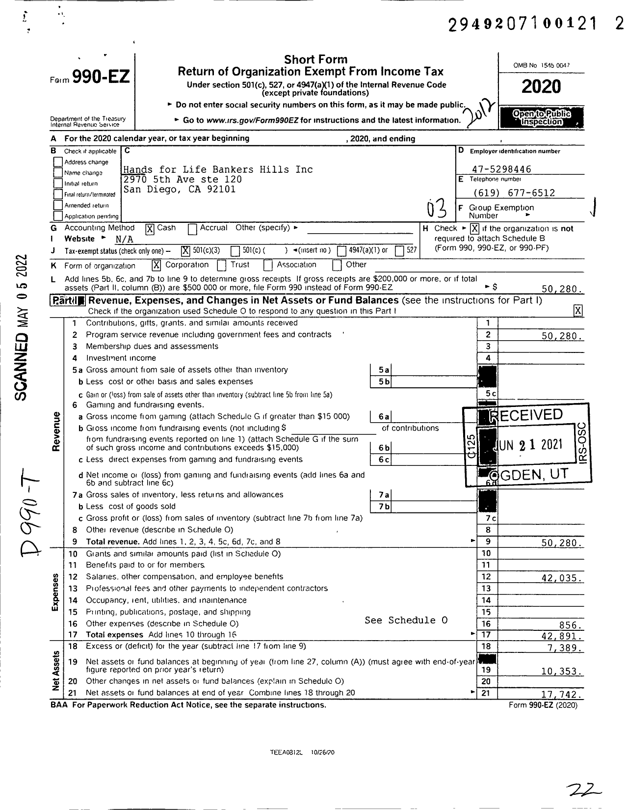 Image of first page of 2020 Form 990EZ for HANDS FOR LIFE Bankers Hill