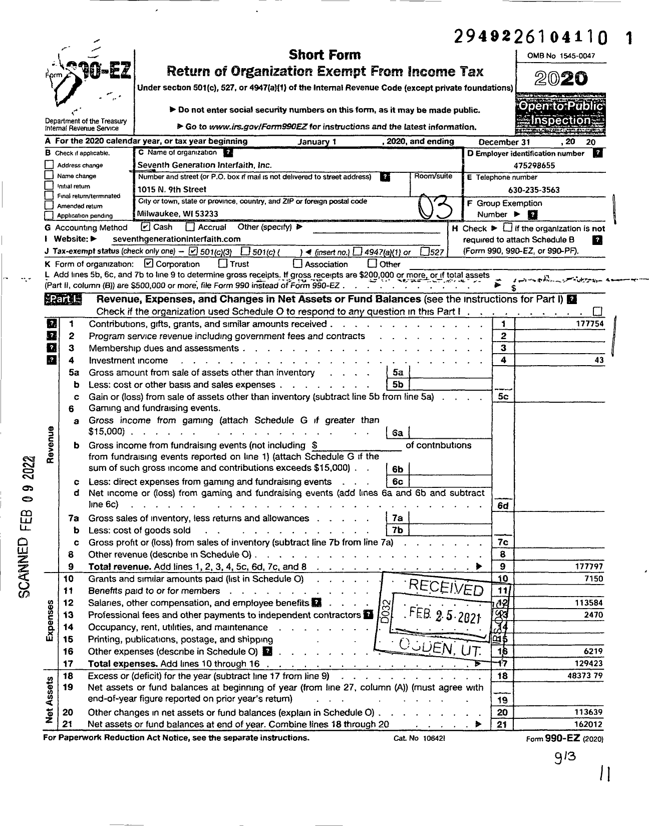 Image of first page of 2020 Form 990EZ for Seventh Generation Interfaith