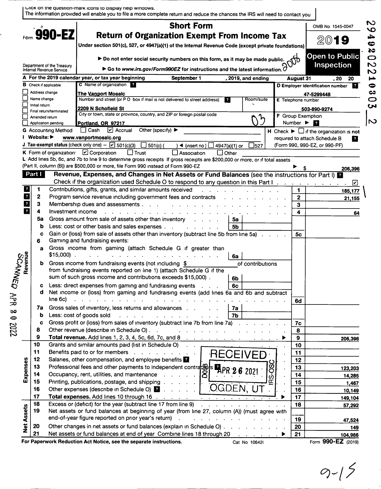 Image of first page of 2019 Form 990EZ for The Vanport Mosaic