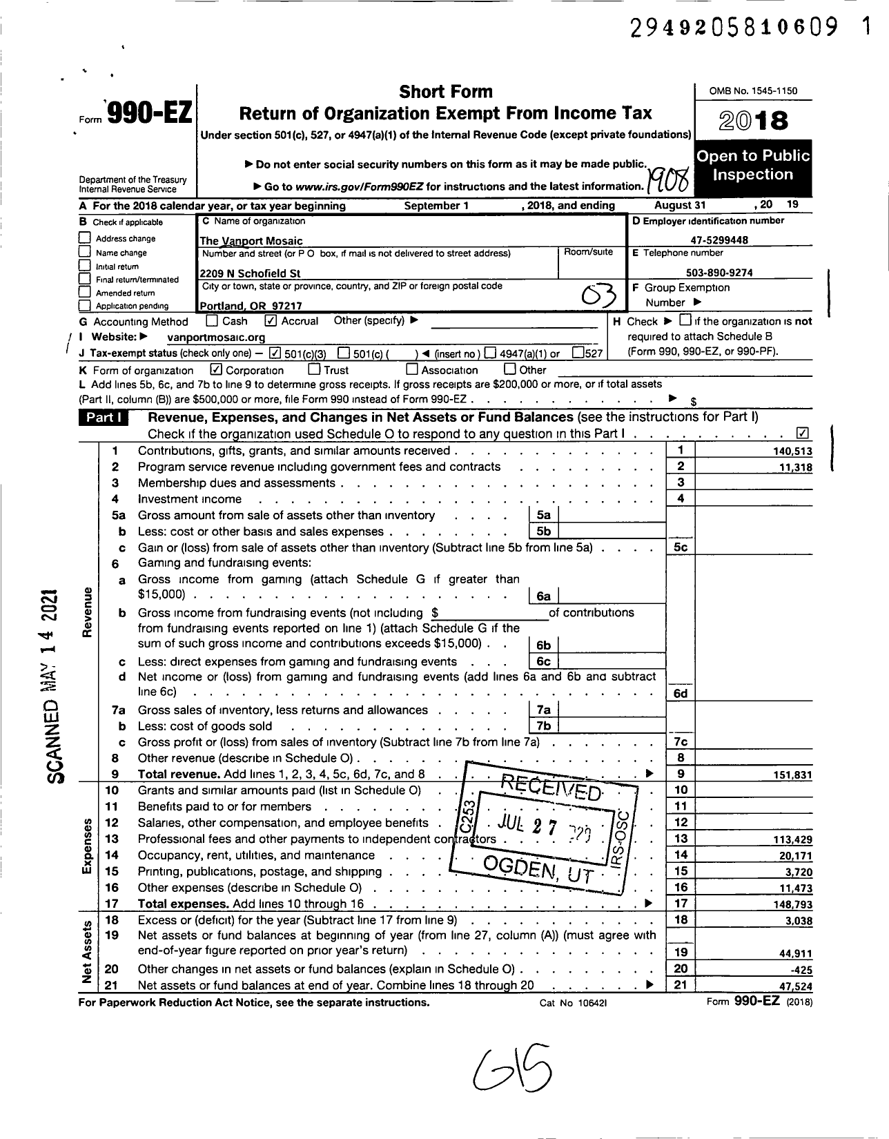 Image of first page of 2018 Form 990EZ for The Vanport Mosaic