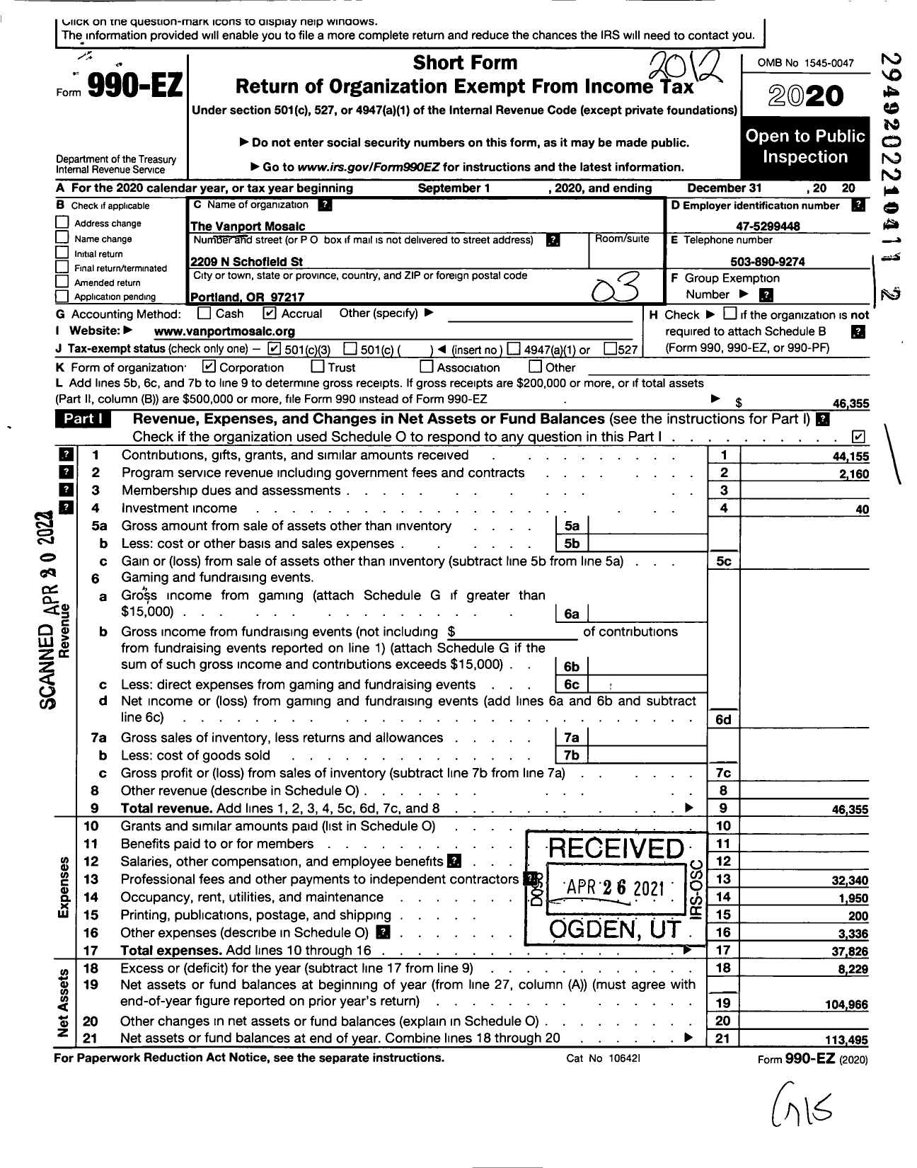 Image of first page of 2020 Form 990EZ for The Vanport Mosaic