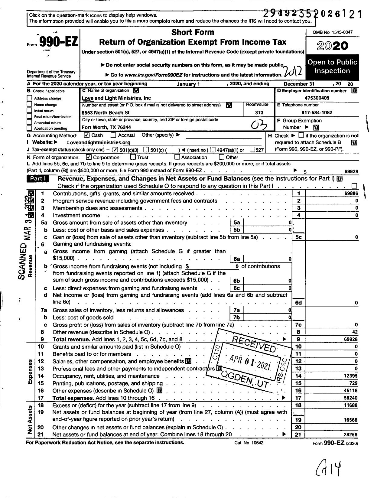 Image of first page of 2020 Form 990EZ for Love and Light Ministries