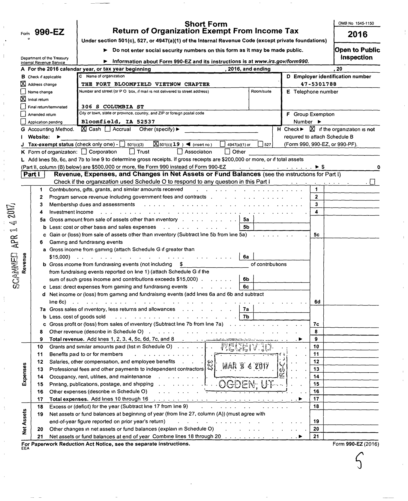 Image of first page of 2016 Form 990EO for The Fort Bloomfield Vietnow Chapter