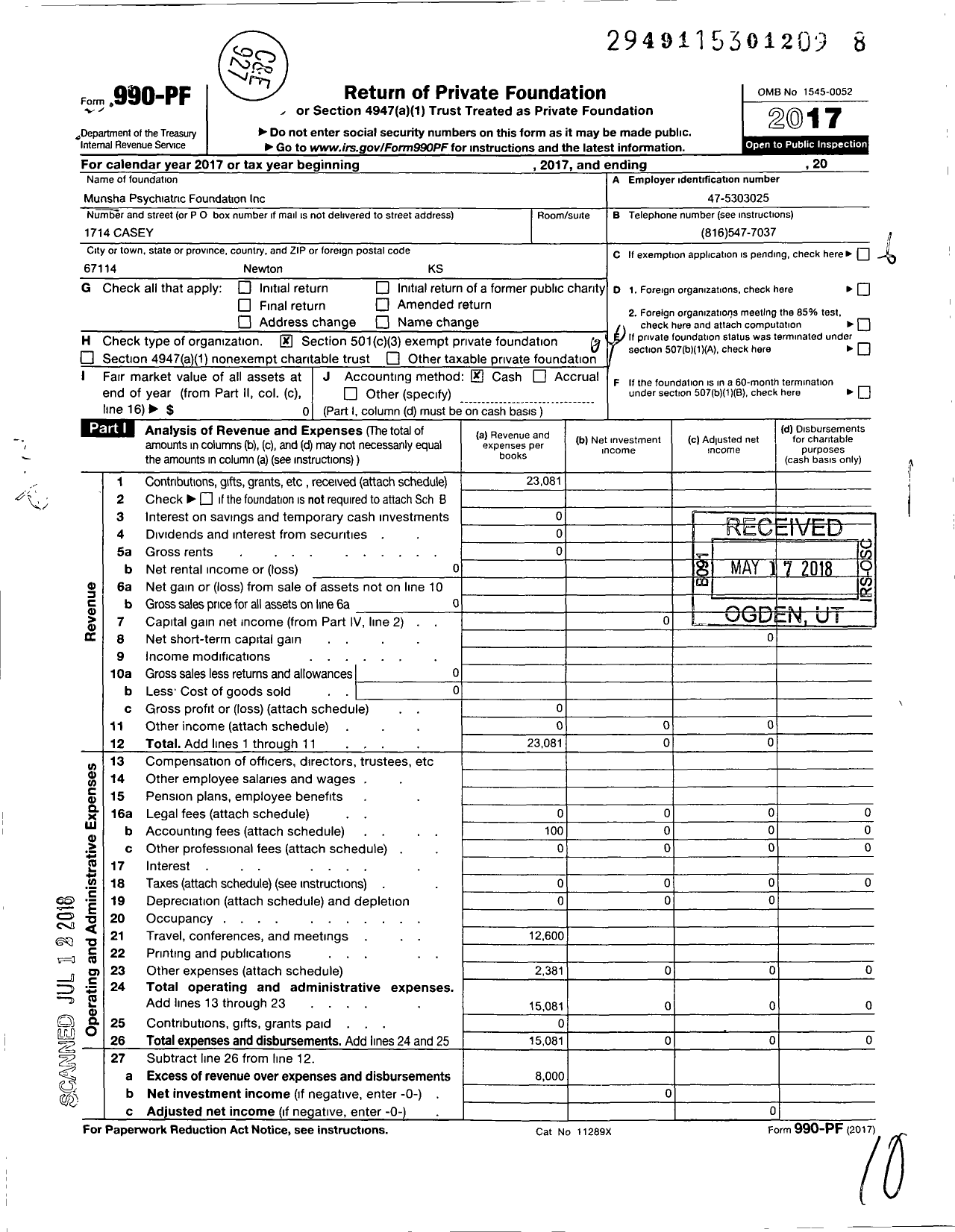 Image of first page of 2017 Form 990PF for Munsha Psychiatric Foundation