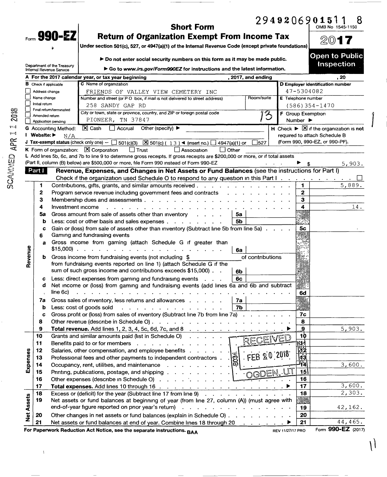 Image of first page of 2017 Form 990EO for Friends of Valley View Cemetery