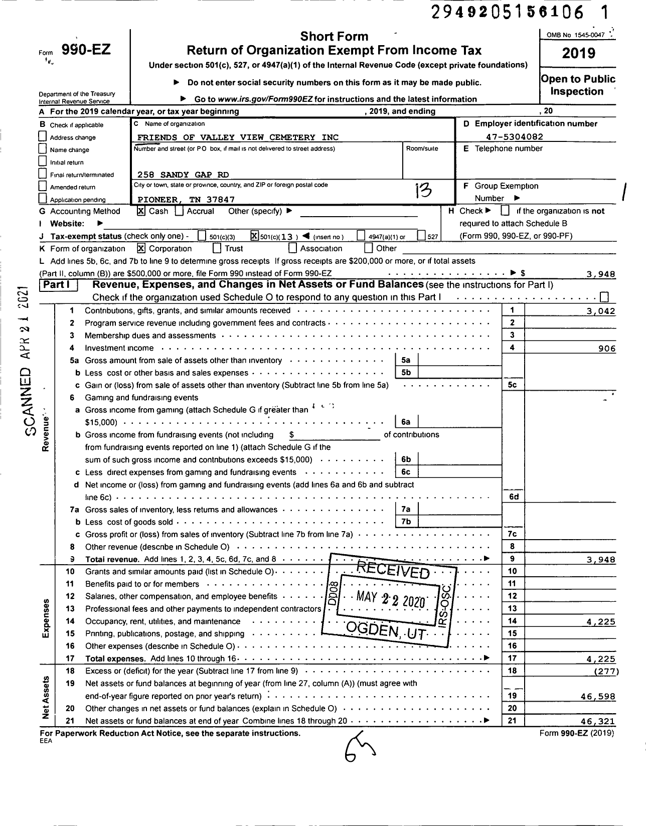 Image of first page of 2019 Form 990EO for Friends of Valley View Cemetery