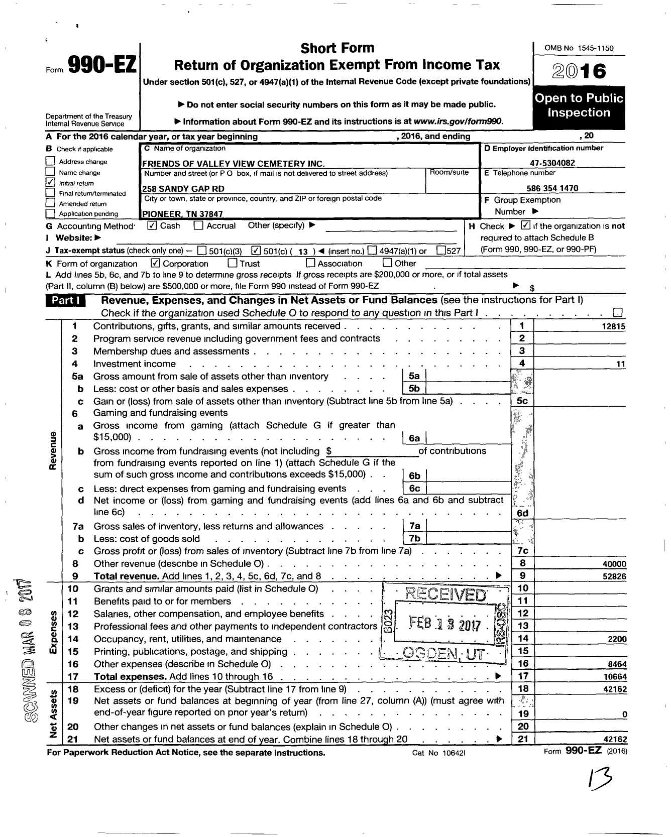 Image of first page of 2016 Form 990EO for Friends of Valley View Cemetery