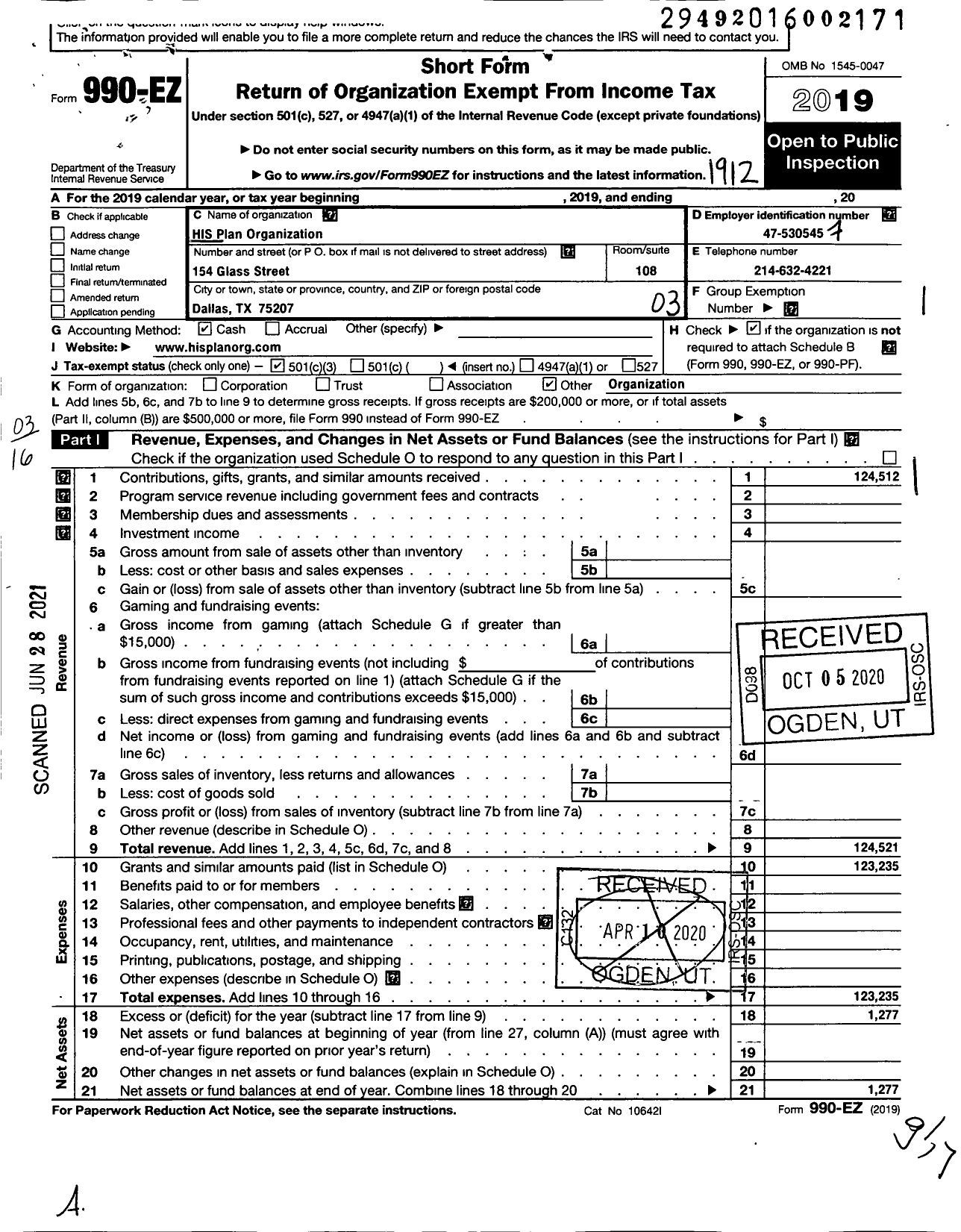 Image of first page of 2019 Form 990EZ for His Plan Organization