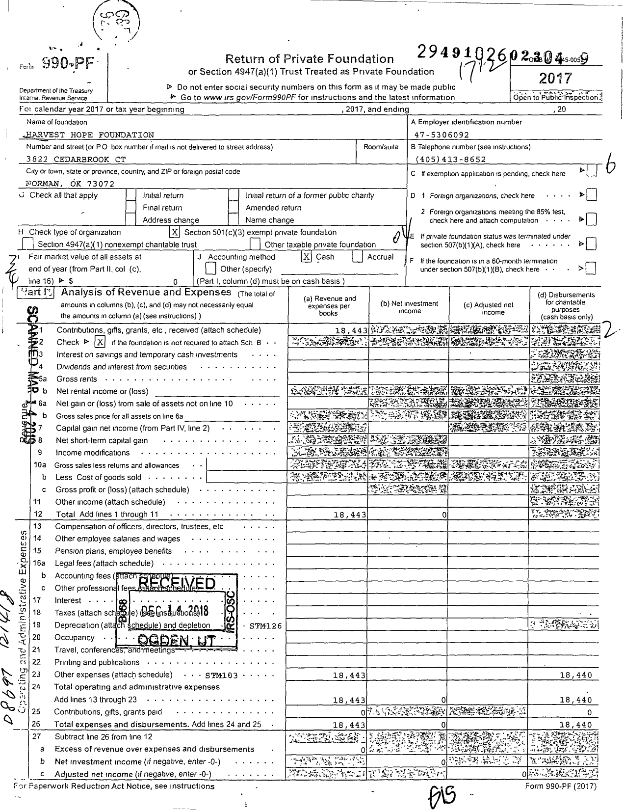 Image of first page of 2017 Form 990PF for Harvest Hope Foundation