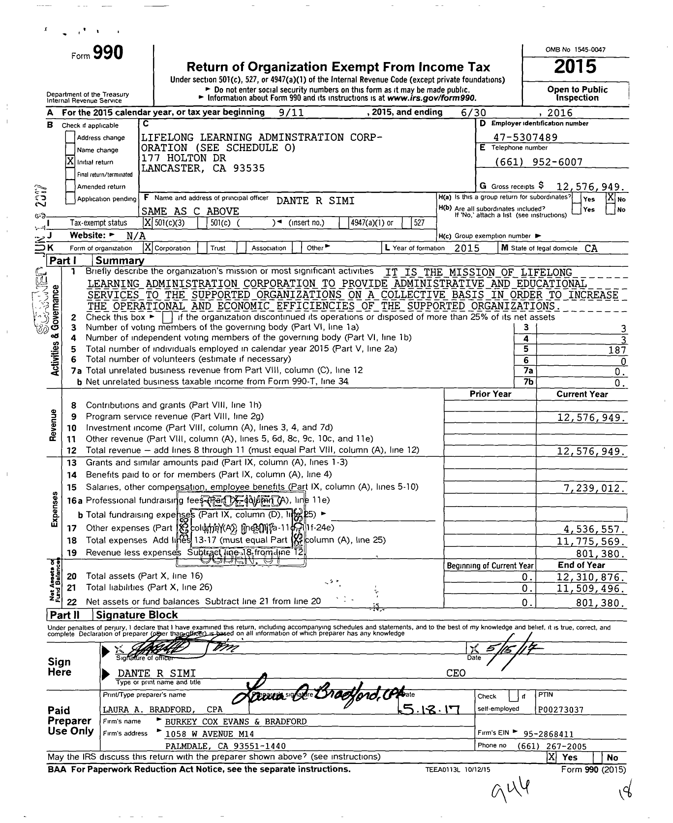 Image of first page of 2015 Form 990 for Lifelong Learning Administration Corporation