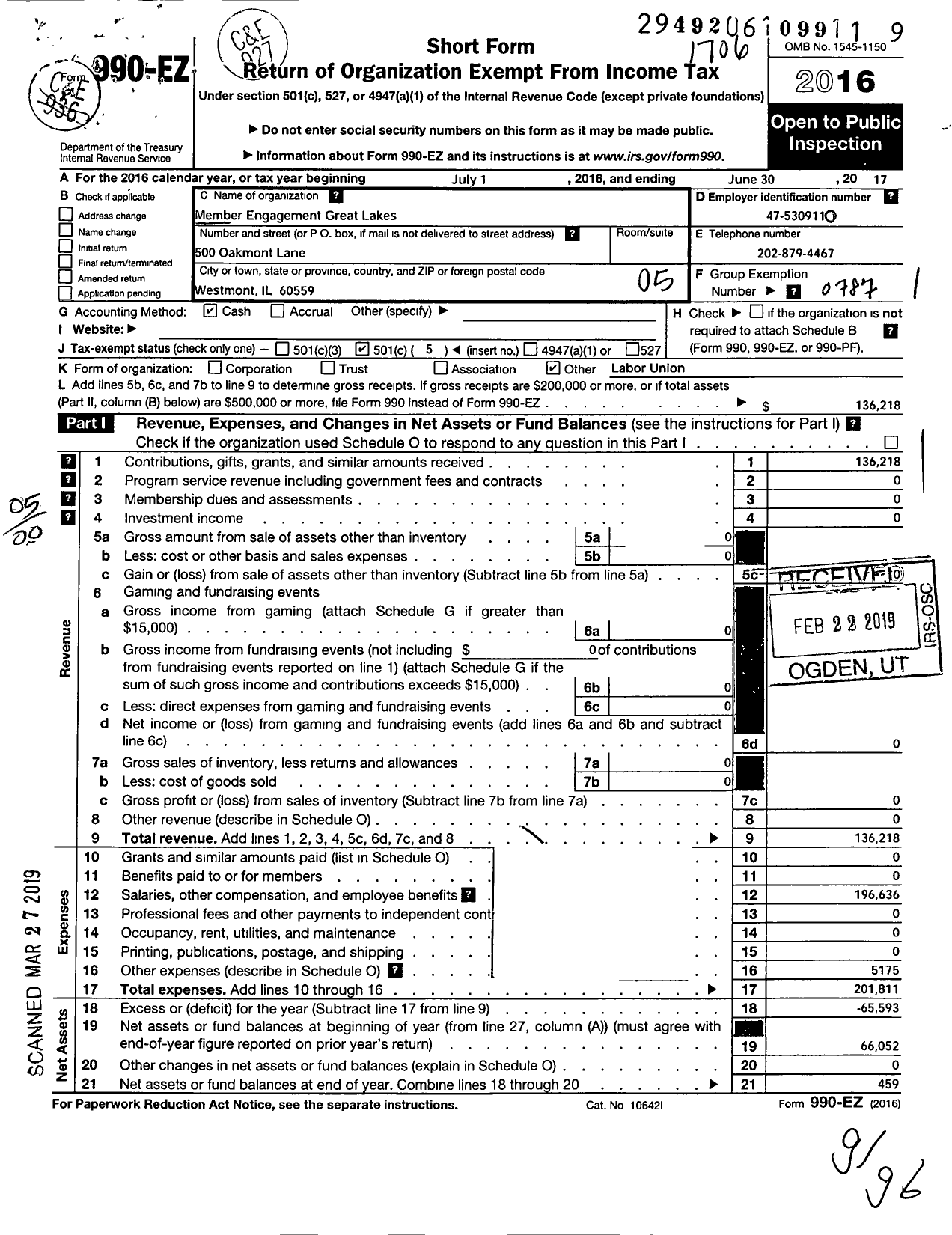 Image of first page of 2016 Form 990EO for American Federation of Teachers - Member Engagement Great Lakes