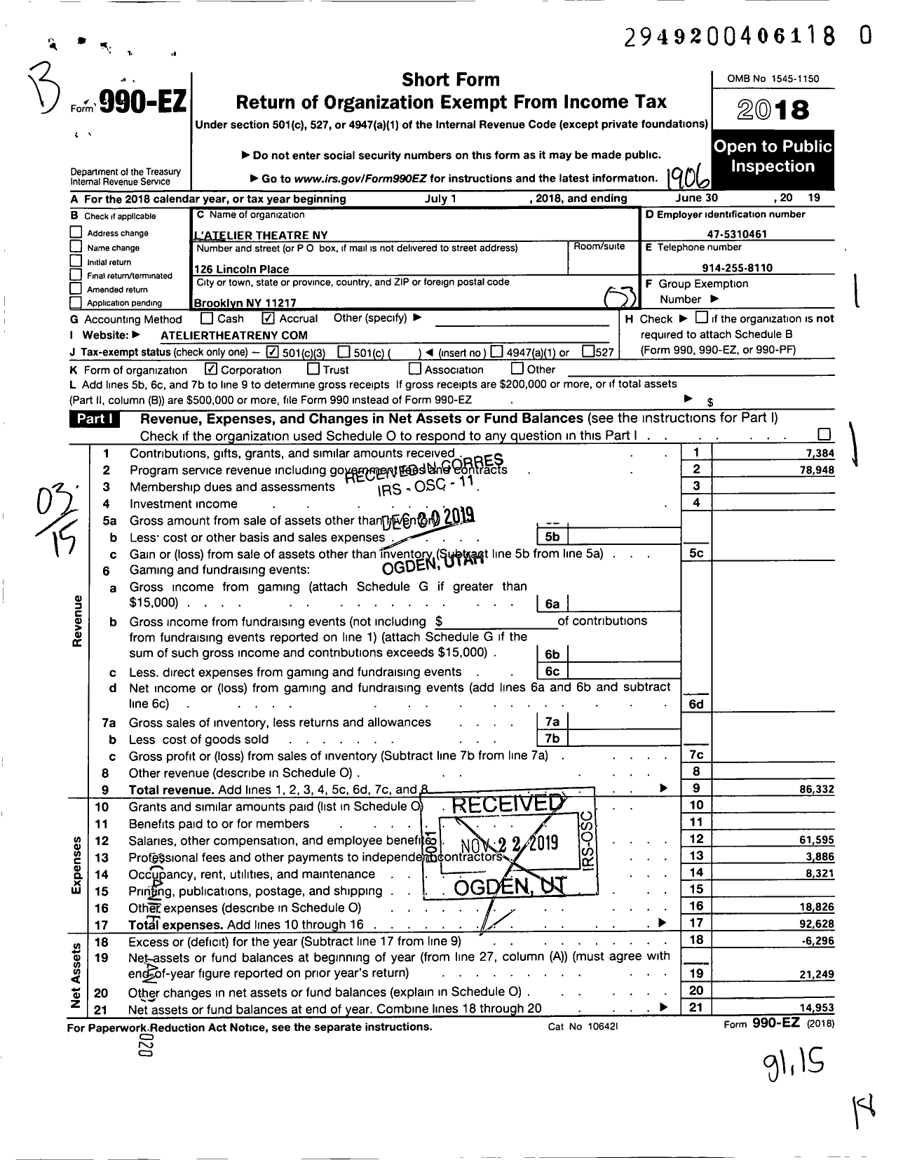 Image of first page of 2018 Form 990EZ for L'atelier Theatre Ny